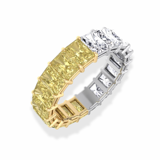 Fancy Yellow Eternity Radiant Lab Grown Diamond Band Ring Mixed Yellow and White 18K Gold