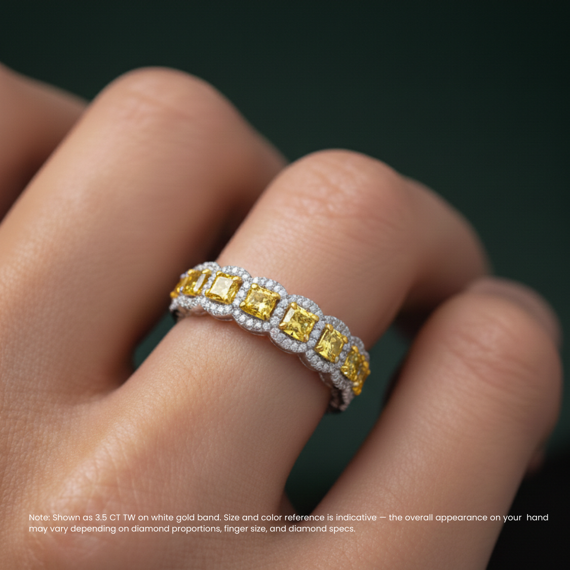 Fancy Yellow Halo Cushion Lab Grown Diamond Eternity Band Ring in 18K White Gold