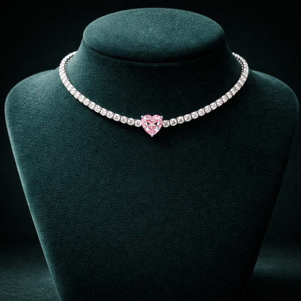 Pink Heart Tennis Lab Diamond ( 18 ct. tw. ) Chocker Necklace (14 in.) 18K White Gold