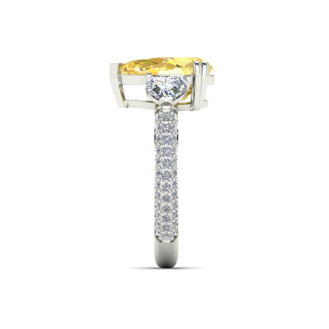 Trilogy Fancy Yellow Pear (Heart Side Diamonds) Lab Diamond Ring on a 3-sided Pave in White Gold 18K