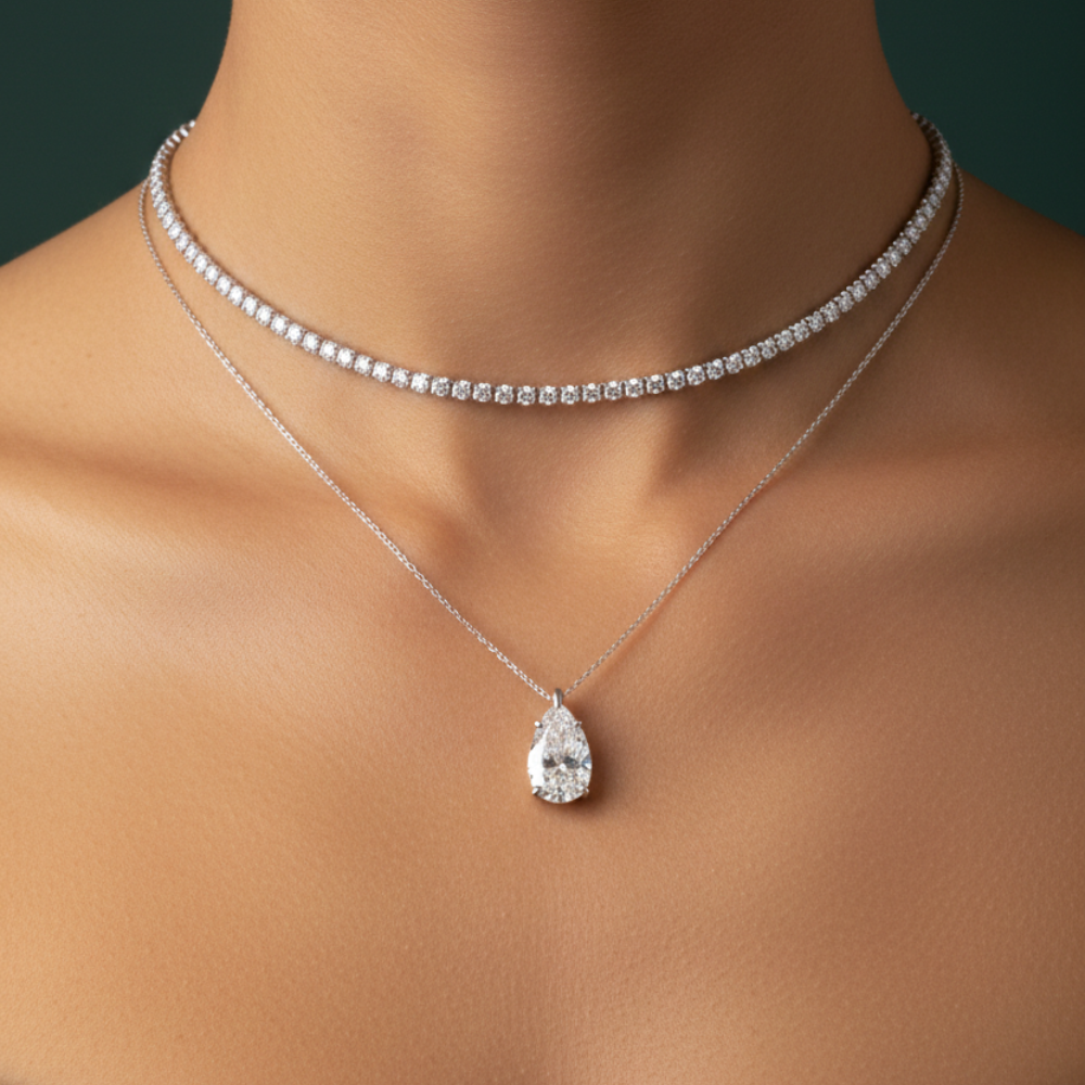 9 Carat Stack: Tennis Chocker (6 ct.) 14 in. and Pear Pendant  (3 ct. ) Lab Diamond Necklace in 18K White Gold