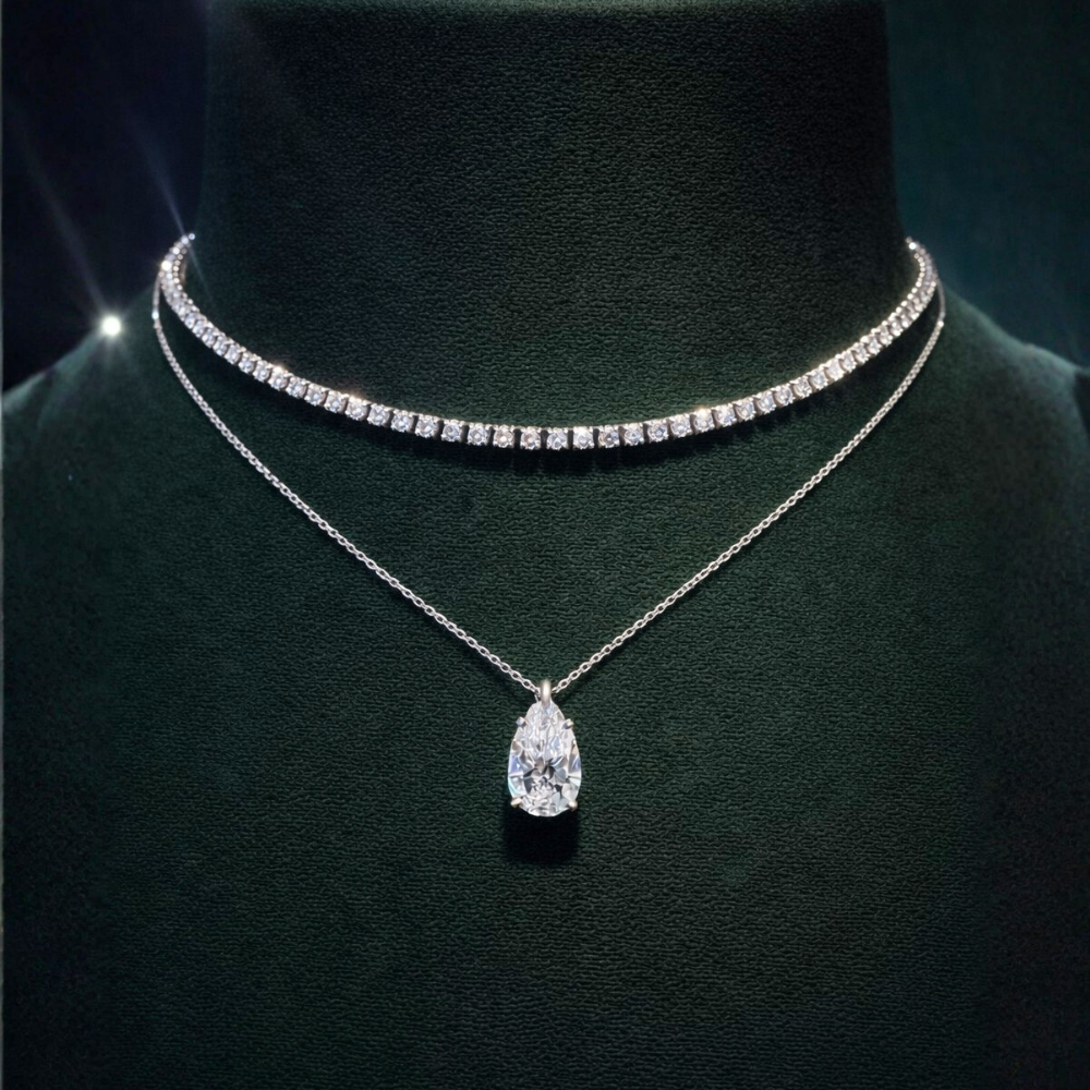 9 Carat Stack: Tennis Chocker (6 ct.) 14 in. and Pear Pendant  (3 ct. ) Lab Diamond Necklace in 18K White Gold