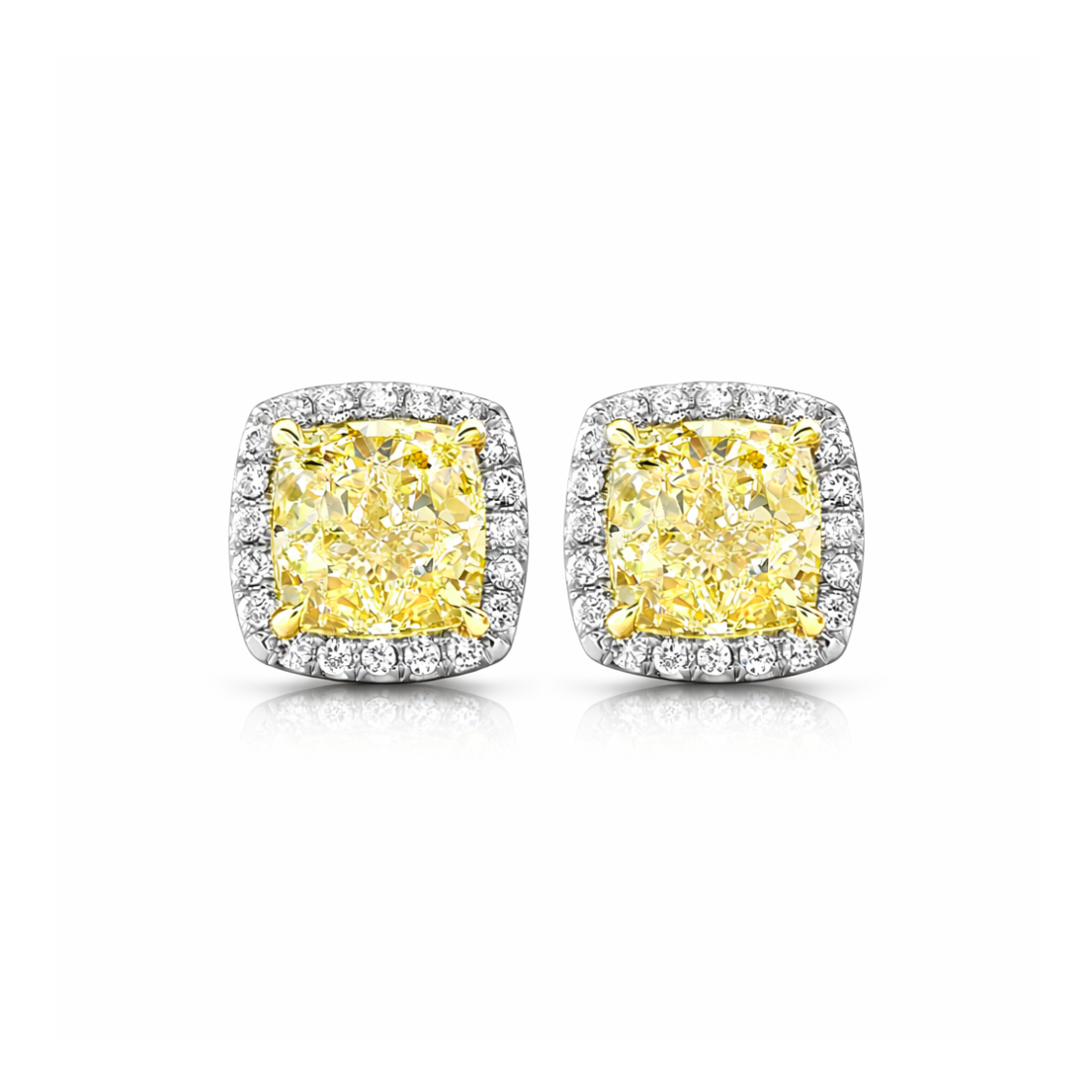 Halo Yellow Cushion Stud Lab Diamond Earrings ( 1.2 ct * 2.4 ) 18K Gold