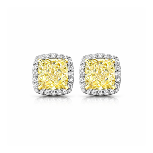 Halo Yellow Cushion Stud Lab Diamond Earrings ( 1.2 ct * 2.4 ) 18K Gold