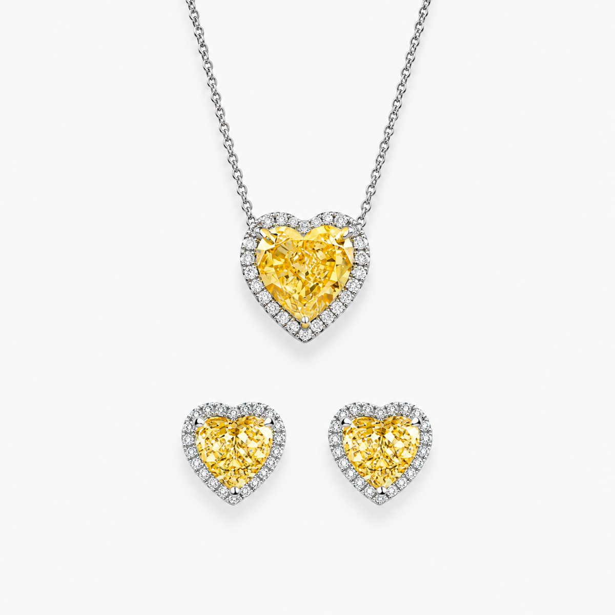 6 Carat Fancy Yellow Halo Heart Lab-Grown Diamond Jewelry Set (Necklace & Earrings) in 18K White Gold