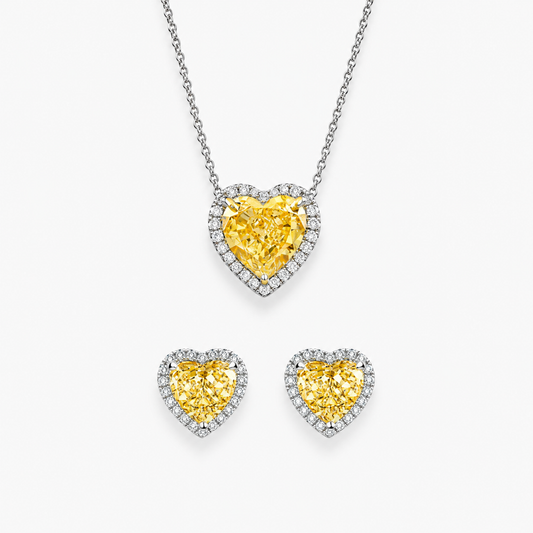 6 Carat Fancy Yellow Halo Heart Lab-Grown Diamond Jewelry Set (Necklace & Earrings) in 18K White Gold