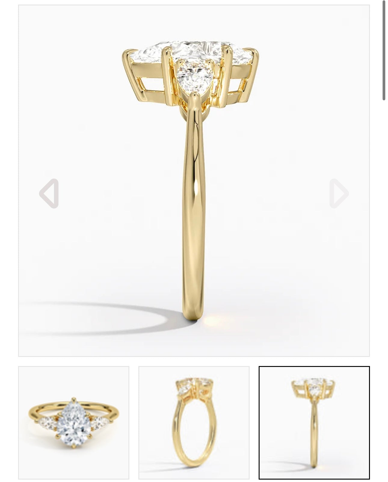 2.2 carat IGI certified lab diamond VS1 F pear. 0.2ctx2 side stones. Yellow gold 18K. Size 9