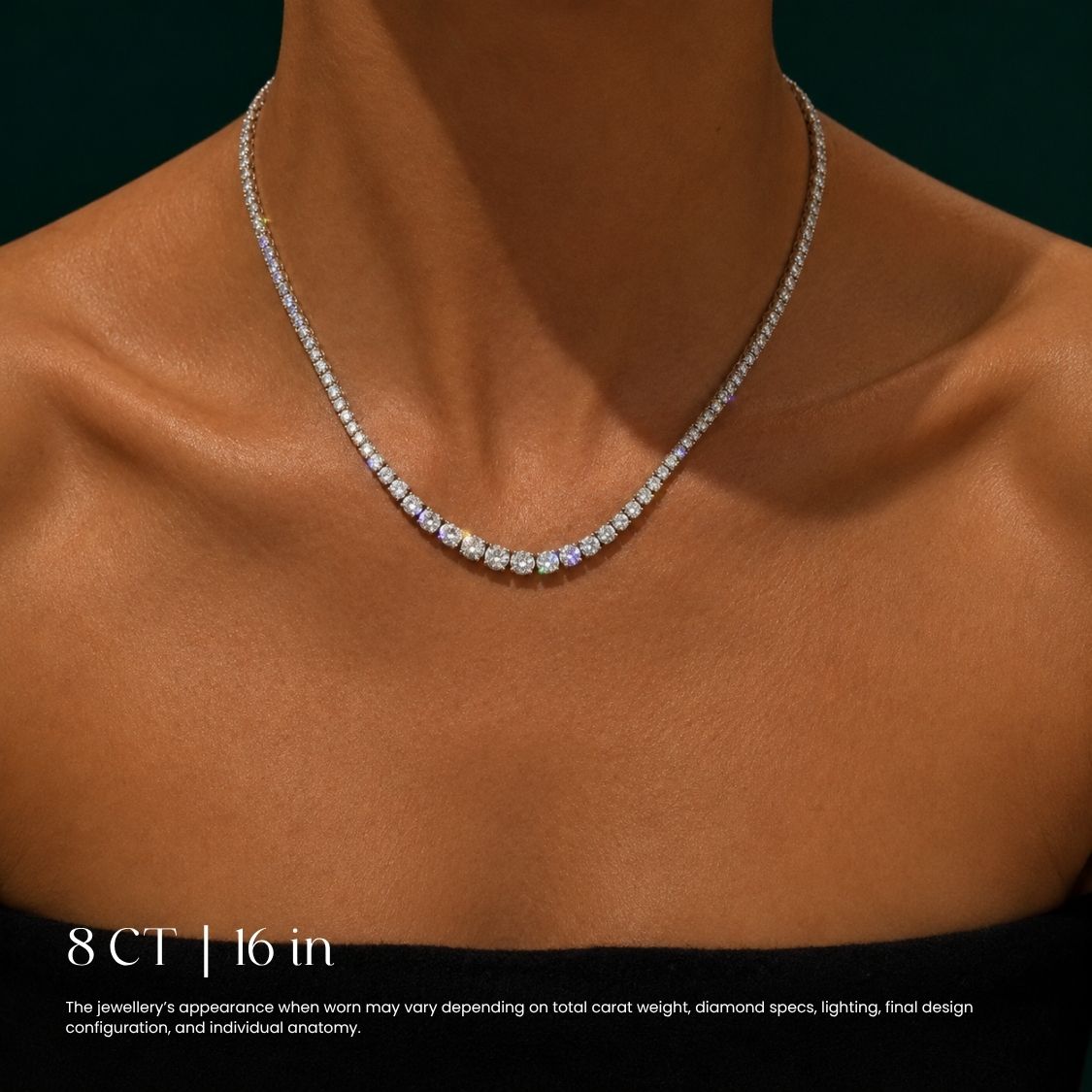 Diamond necklace on a model with dimensions 8 CT and 16 inches, ecomposer-metal type-white-gold-18k, ecomposer-metal type-yellow-gold-18k, ecomposer-metal type-rose-gold-18k