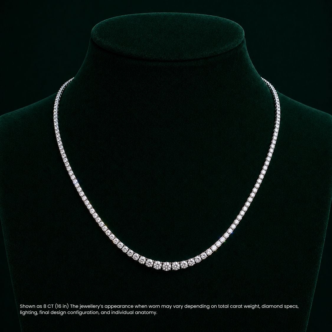 Diamond tennis necklace on a black velvet stand with a dark background, ecomposer-metal type-white-gold-18k, ecomposer-metal type-yellow-gold-18k, ecomposer-metal type-rose-gold-18k