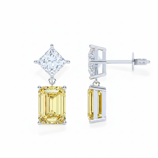 Jessica Yellow Emerald and Princess Drop Lab Diamond Earrings ( 5 ct tw * 2 ) 18K Gold