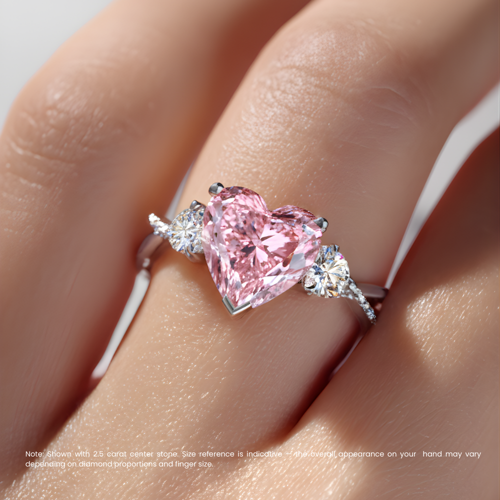 Trilogy Fancy Pink Heart Lab Diamond Ring (Round Side Diamonds) on Twisted Band in White Gold 18K