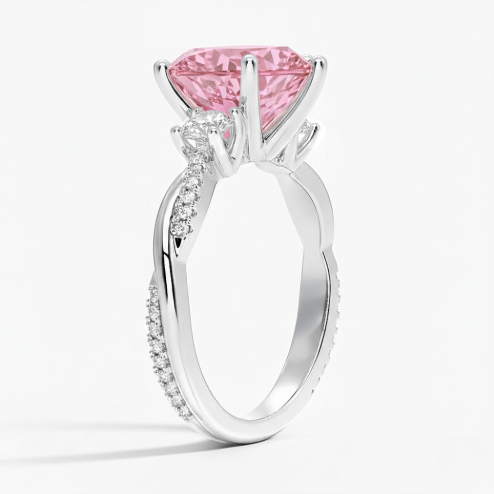 Trilogy Fancy Pink Heart Lab Diamond Ring (Round Side Diamonds) on Twisted Band in White Gold 18K