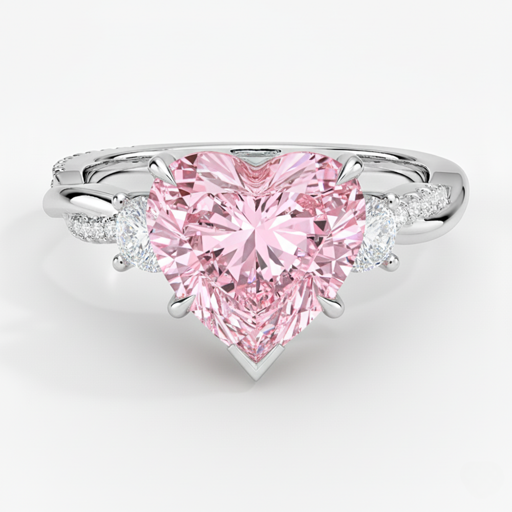 Trilogy Fancy Pink Heart Lab Diamond Ring (Round Side Diamonds) on Twisted Band in White Gold 18K