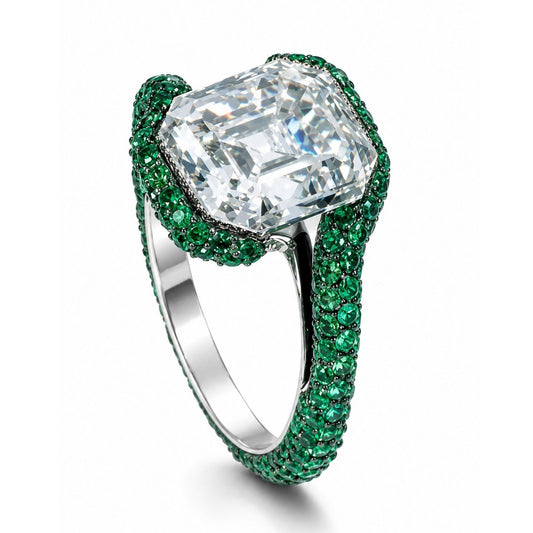 Hera Curved Pave Asscher Fancy Green Side Diamonds Lab Diamond Ring in White Gold 18K