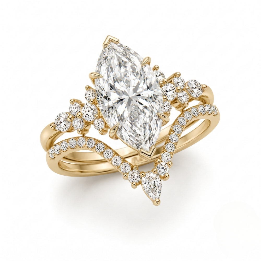 Katie Marquise Lab Diamond Bridal Ring Set - Marquise Pave 3 ct  + V-shaped Band Yellow Gold 18K