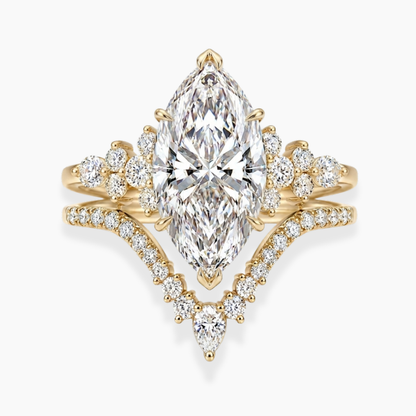 Katie Marquise Lab Diamond Bridal Ring Set - Marquise Pave 3 ct  + V-shaped Band Yellow Gold 18K