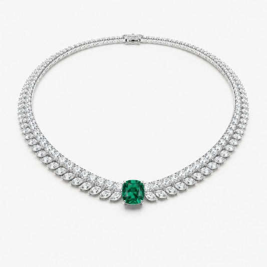 Florence High Jewellery Lab Diamond (23 Carat) and Emerald Necklace (16 in.) 18K White Gold