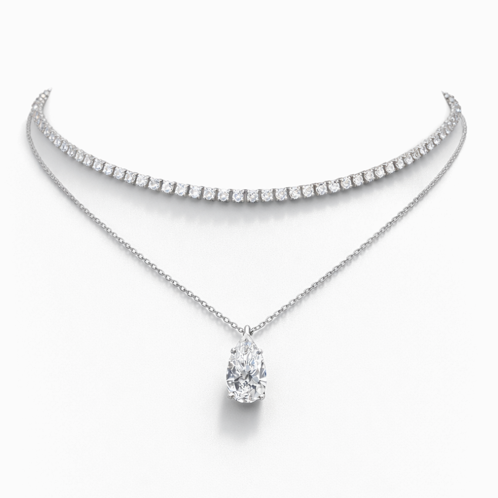 9 Carat Stack: Tennis Chocker (6 ct.) 14 in. and Pear Pendant  (3 ct. ) Lab Diamond Necklace in 18K White Gold
