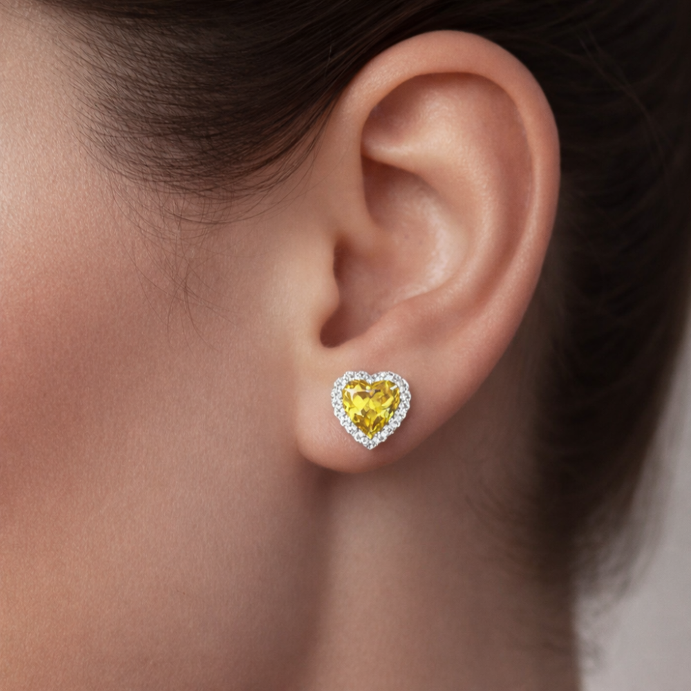 6 Carat Fancy Yellow Halo Heart Lab-Grown Diamond Jewelry Set (Necklace & Earrings) in 18K White Gold