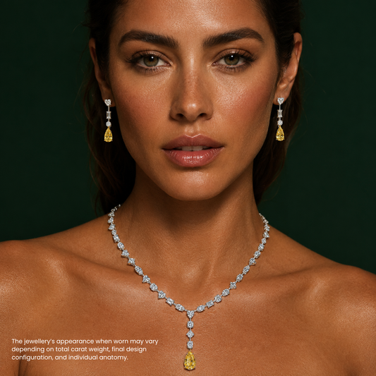 Sabina Necklace and Earrings Set (28 Carat) Multi-Shape Lab-Grown Diamond High Jewellery Set with Fancy Yellow Pear-Shaped Diamonds in 18K White Gold