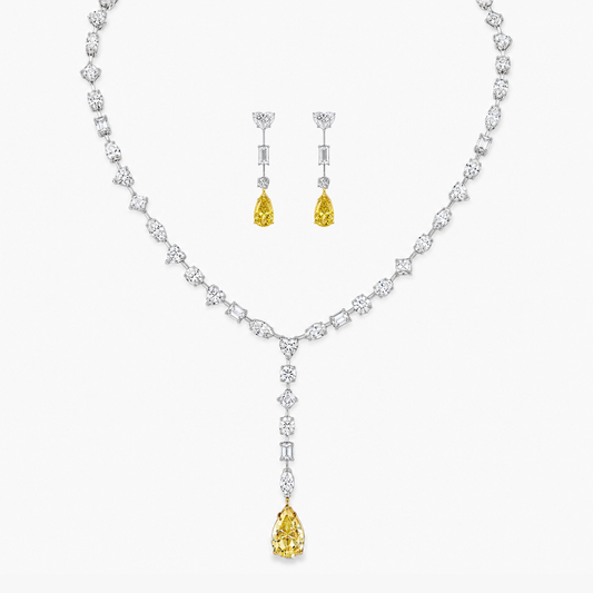 Sabina Necklace and Earrings Set (28 Carat) Multi-Shape Lab-Grown Diamond High Jewellery Set with Fancy Yellow Pear-Shaped Diamonds in 18K White Gold