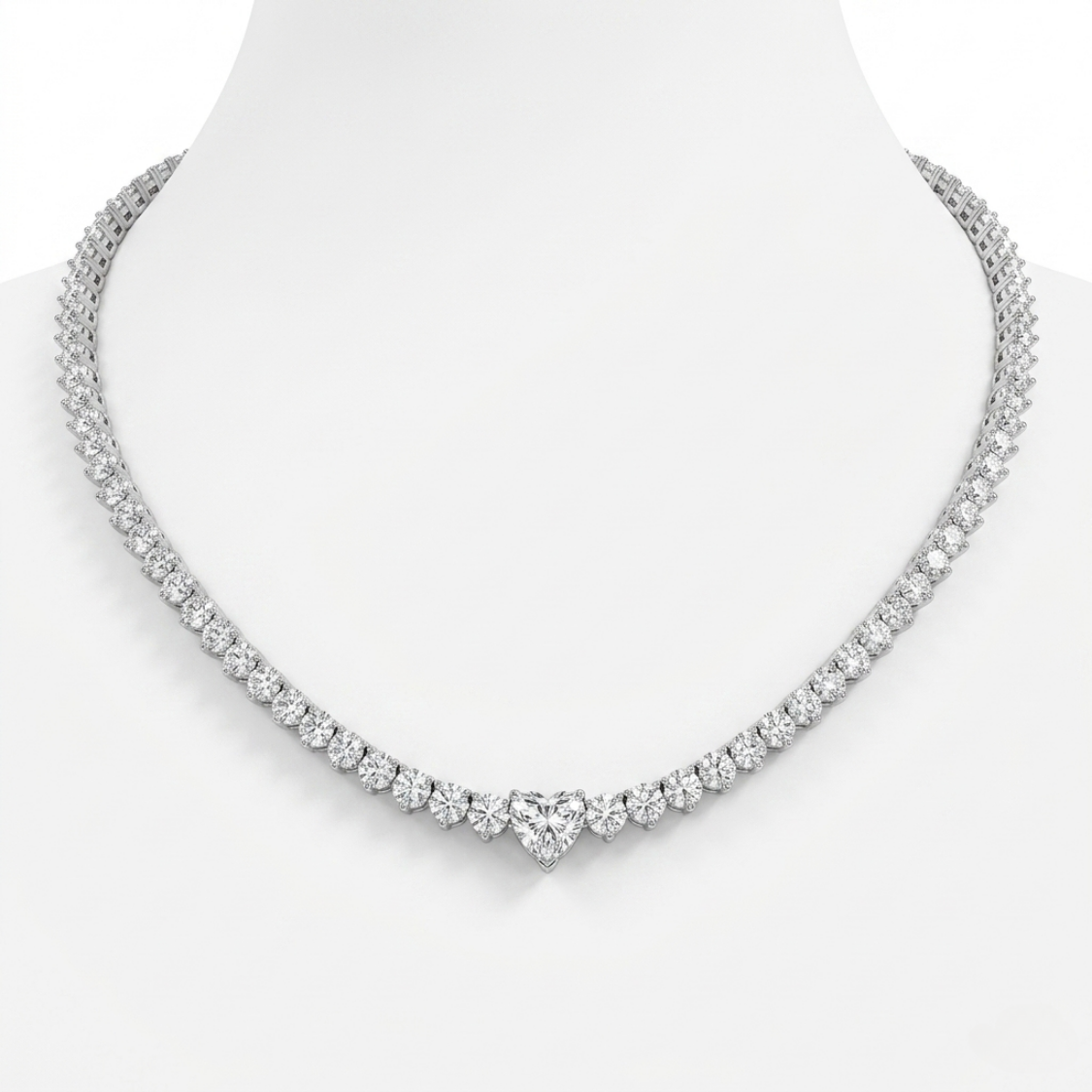 Tennis Riviera Lab Diamond (13 ct.) Necklace (16 in.) with Heart Center Diamond in 18K White Gold