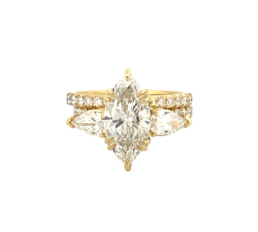 Custom Marquise Set | Engagement Ring Marquise 3 ct  + pears (0.3-0.5 ct) + Hidden Halo; Pave band 2 mm |  + Open extra band 2 mm | Yellow Gold 18K