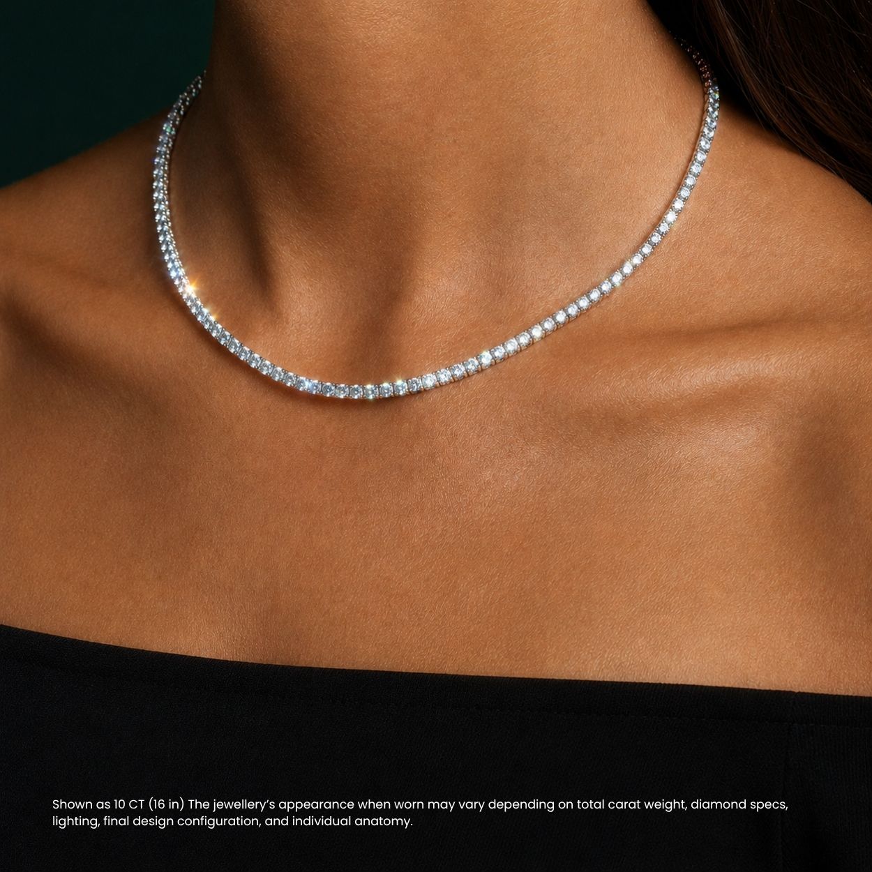 white gold tennis necklace on a woman's neck with a dark background, ecomposer-metal type-white-gold-18k, ecomposer-metal type-yellow-gold-18k, ecomposer-metal type-rose-gold-18k