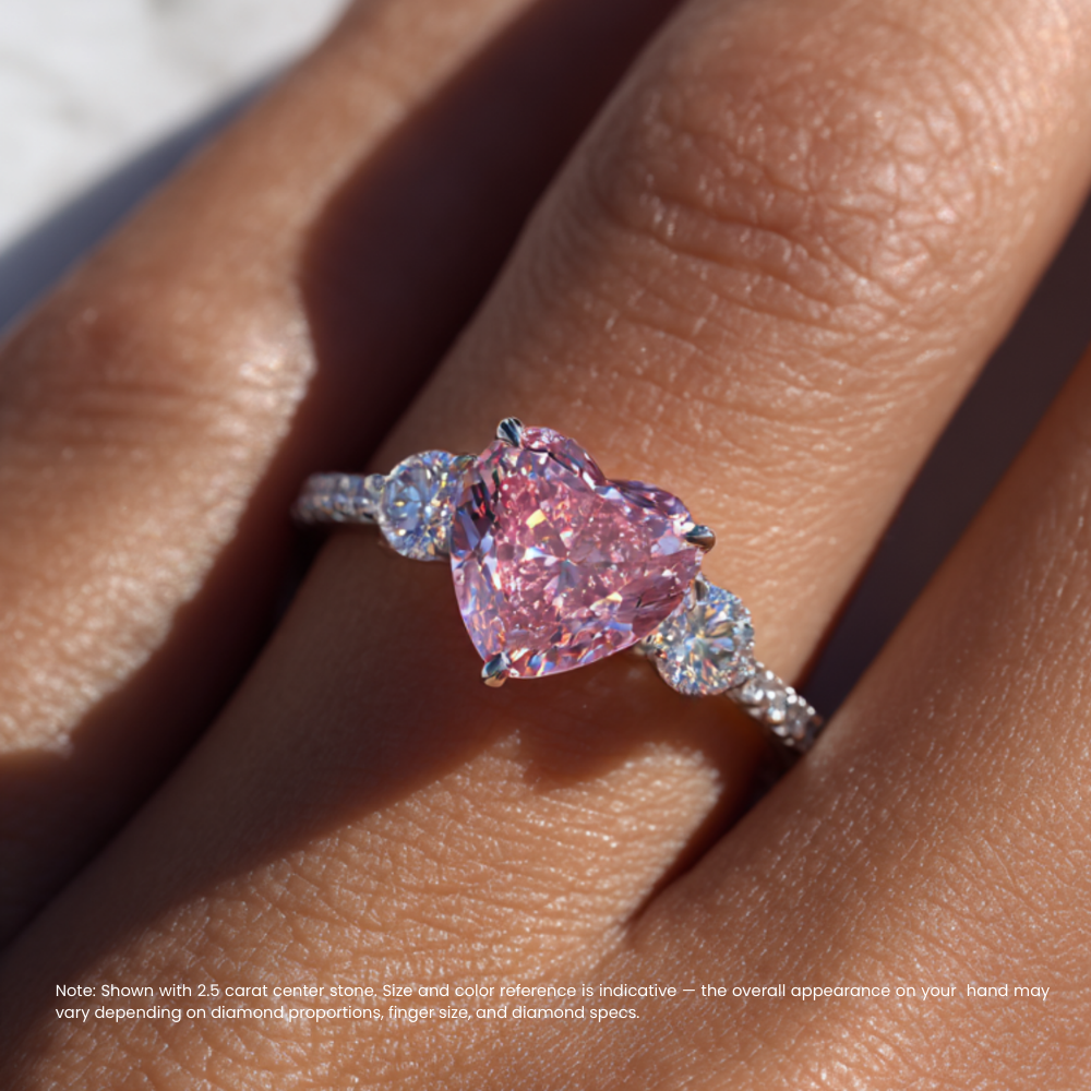 Trilogy Fancy Pink Heart Lab Diamond Ring (Round Side Diamonds) on Pave Band in White Gold 18K