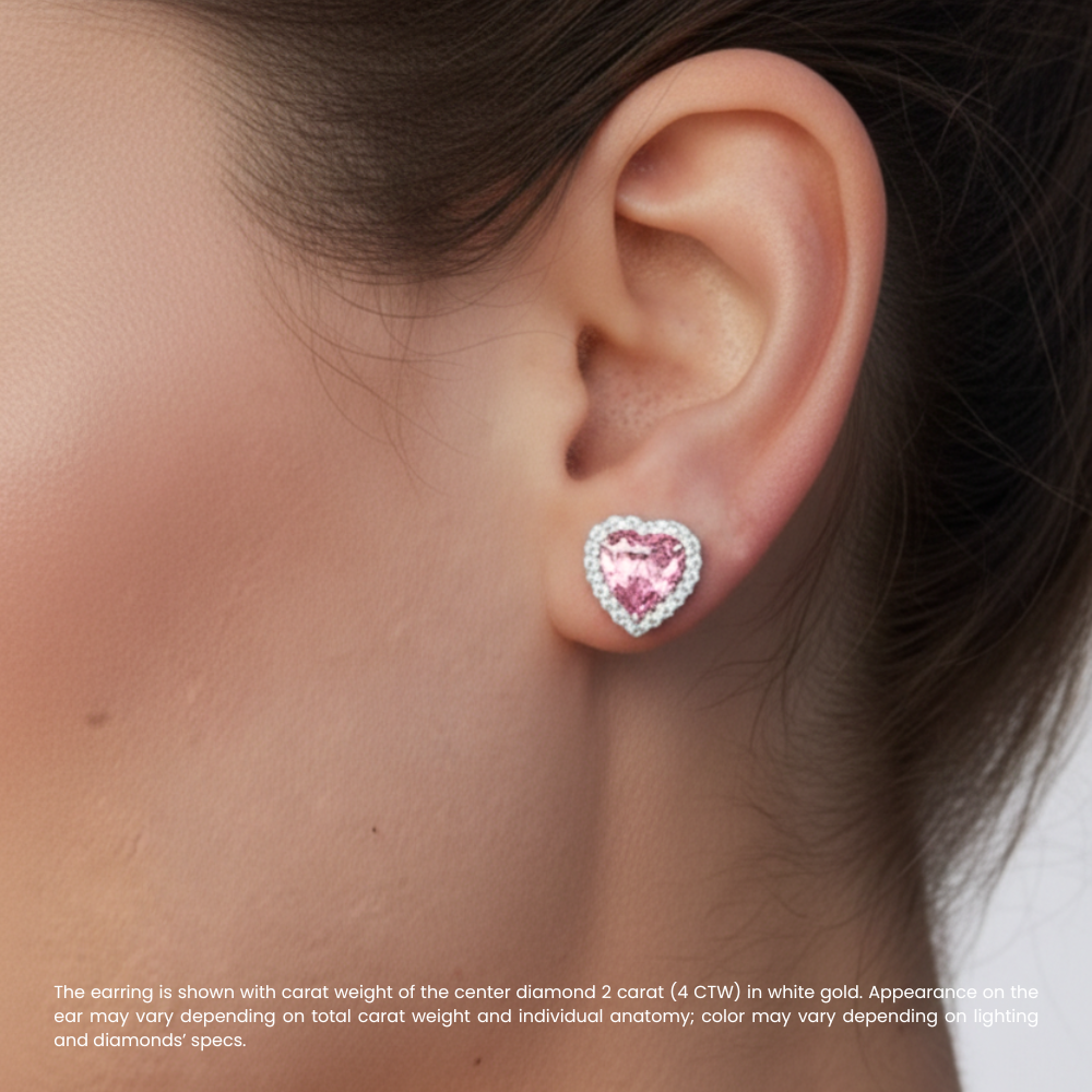 Halo Pink Heart Stud Lab Diamond Earrings ( 3 ct * 2 ) 18K Gold