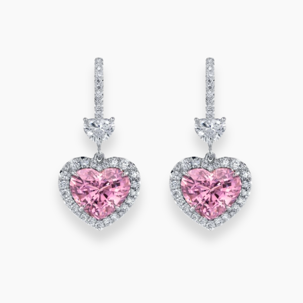 Angelica Halo Pink Heart Drop Lab Diamond Earrings ( 3.6 ct tw * 2 ) 18K Gold