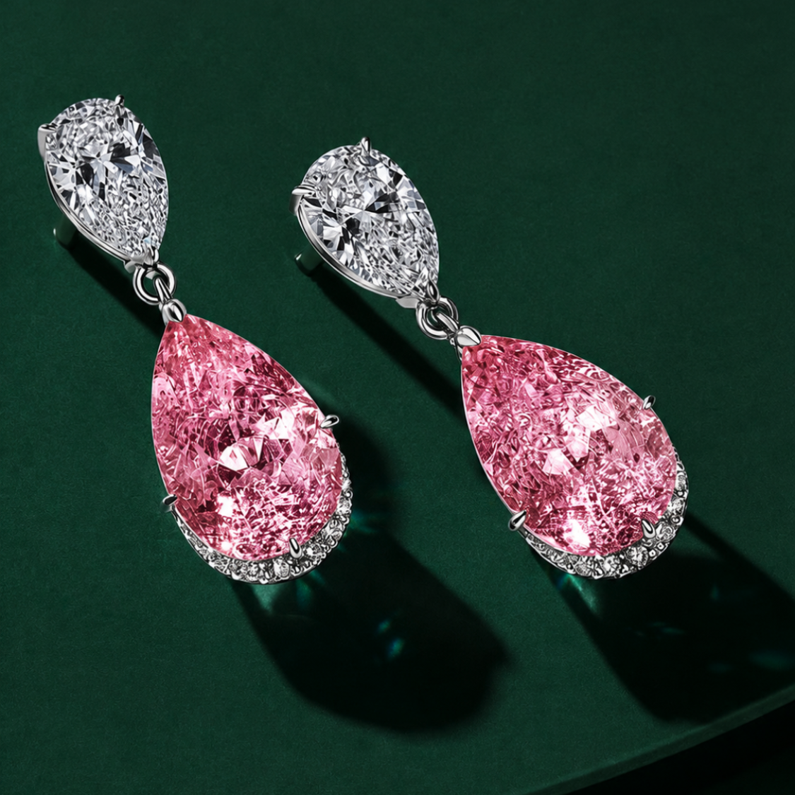 A pair of high-end drop earrings featuring large, sparkling pink diamonds in teardrop-shaped settings, suspended from silver-toned hoops with smaller clear diamonds, set against a dark green background.