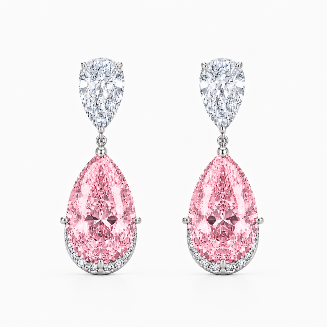 A pair of drop earrings featuring large pear-shaped pink diamonds set in silver-toned metal, with smaller round diamonds above in pear-cut shapes, shown on a light gray background.