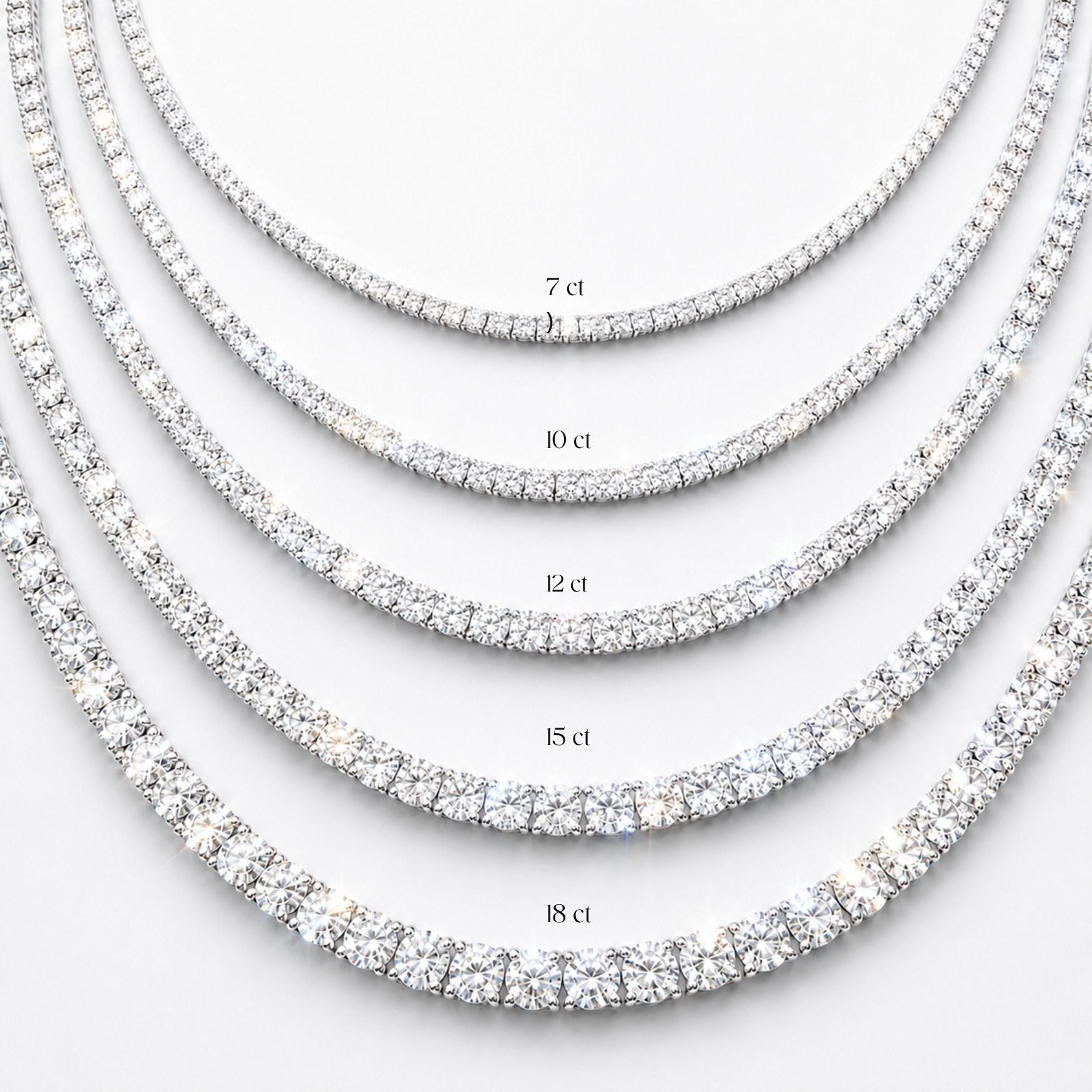 Set of diamond necklaces of different lengths on a white background, ecomposer-metal type-white-gold-18k, ecomposer-metal type-yellow-gold-18k, ecomposer-metal type-rose-gold-18k