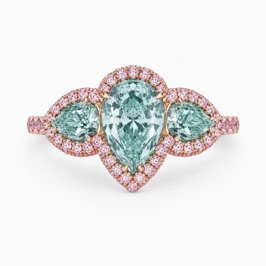 Aphrodite Trilogy Halo Pave Accents (Pink Side Diamonds) Fancy Green Pear Lab Diamond Ring in Rose Gold 18K