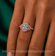Athena Trilogy Halo Pave Accents (Pink Oval Side Diamonds) Fancy Green Oval Lab Diamond Ring in Rose Gold 18K