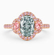 Athena Trilogy Halo Pave Accents (Pink Oval Side Diamonds) Fancy Green Oval Lab Diamond Ring in Rose Gold 18K