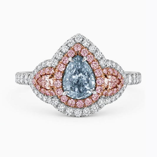 Michaela Halo Pave Accents (White and Pink Side Diamonds) Fancy Blue Pear Lab Diamond Ring in White Gold 18K