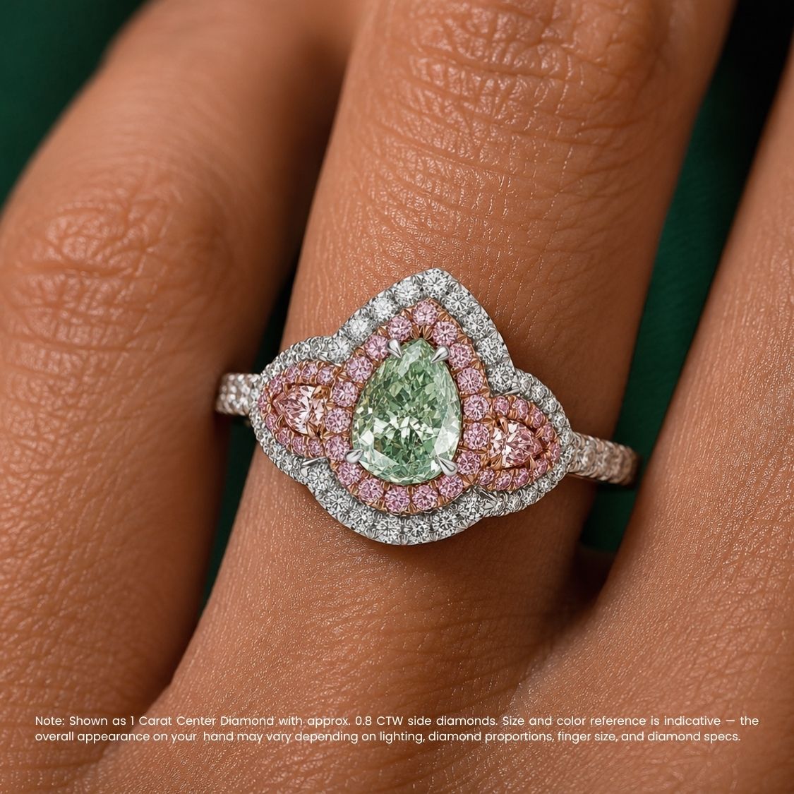 Michaela Halo Pave Accents (White and Pink Side Diamonds) Fancy Green Pear Lab Diamond Ring in White Gold 18K
