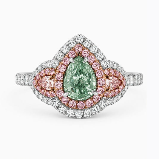 Michaela Halo Pave Accents (White and Pink Side Diamonds) Fancy Green Pear Lab Diamond Ring in White Gold 18K