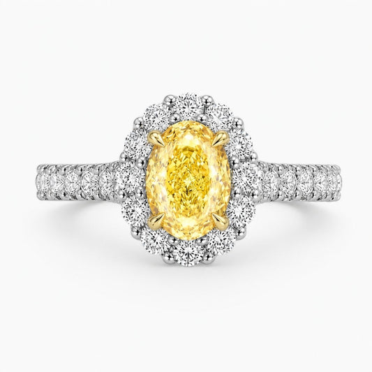 Halo Pave Fancy Yellow Oval Lab Grown Diamond Ring in White Gold 18K