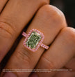 Halo Pave (Pink Side Diamonds) Fancy Green Radiant Lab Grown Diamond Ring in White Gold 18K