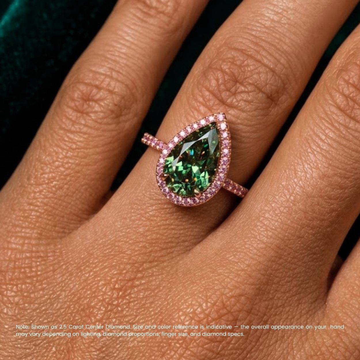 Halo Pave (Pink & White Side Diamonds) Fancy Green Pear Lab Grown Diamond Ring in White Gold 18K
