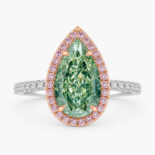 Halo Pave (Pink & White Side Diamonds) Fancy Green Pear Lab Grown Diamond Ring in White Gold 18K