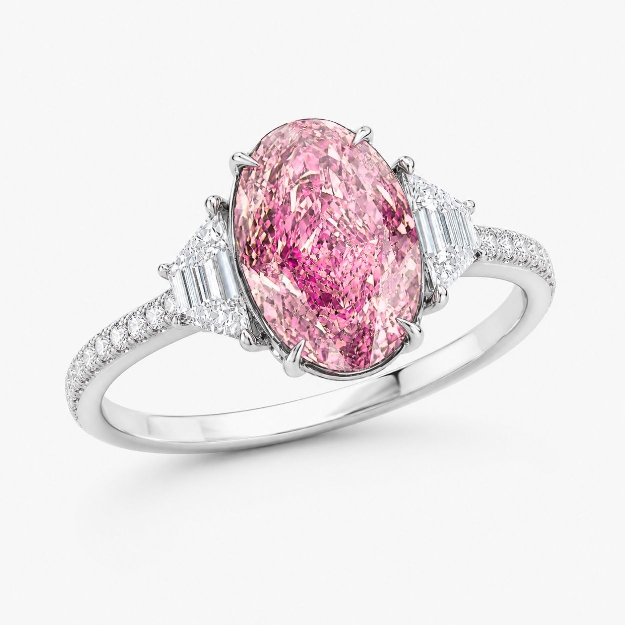 Ingrid Trilogy (Trapezoid Side Diamonds) Fancy Pink Oval Lab Grown Diamond Engagement Ring in White Gold 18K