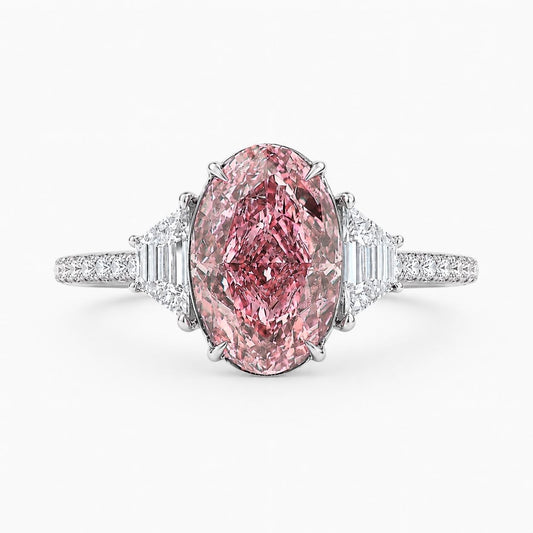 Ingrid Trilogy (Trapezoid Side Diamonds) Fancy Pink Oval Lab Grown Diamond Engagement Ring in White Gold 18K