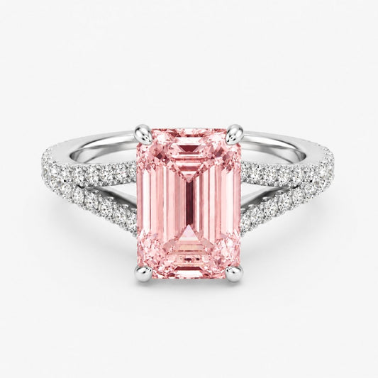 Split Pave Fancy Pink Emerald Lab Grown Diamond Engagement Ring in White Gold 18K