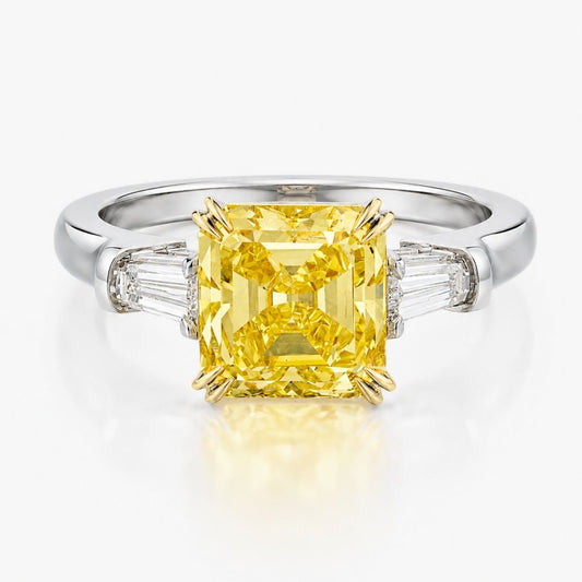 Trilogy (Baguette Side Diamonds) Fancy Yellow Asscher Lab Grown Diamond Ring in White Gold 18K