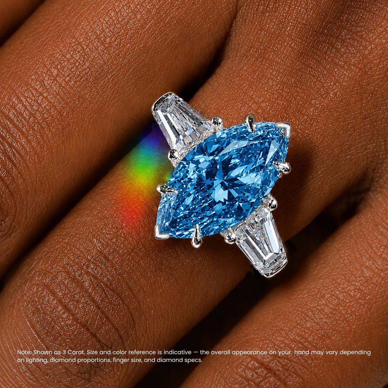 Trilogy (Baguette Side Diamonds) Fancy Blue Marquise Lab Grown Diamond Ring in White Gold 18K