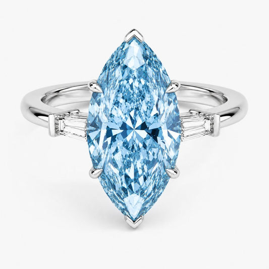 Trilogy (Baguette Side Diamonds) Fancy Blue Marquise Lab Grown Diamond Ring in White Gold 18K